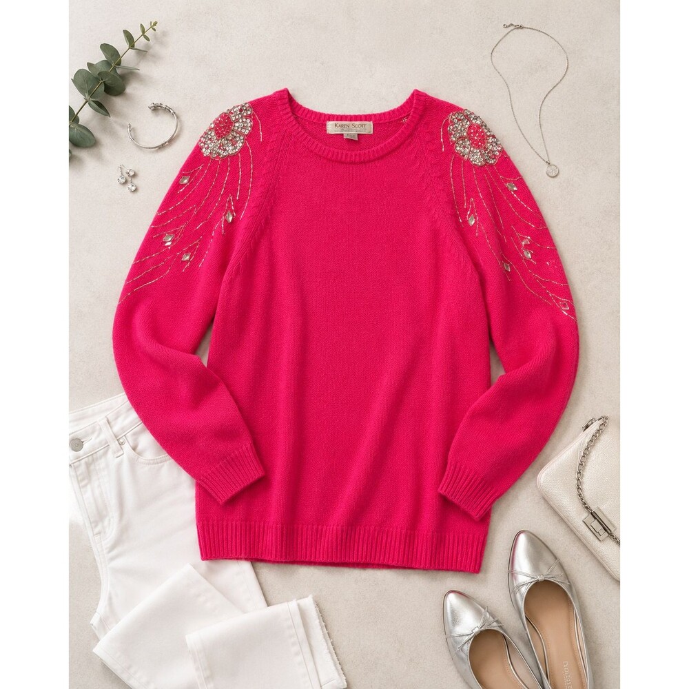 Karen Scott Pink Silk‎ Angora Beaded Sequin Embellished Pullover Sweater No Size